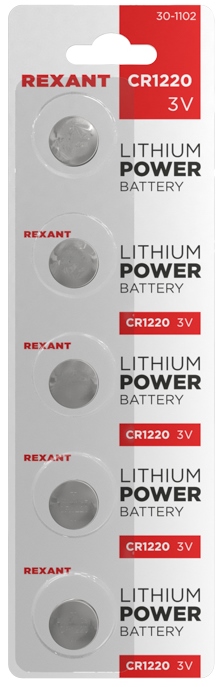 Элемент питания 30-1102 ∙ Батарейка литиевая CR1220, 3В, 5 шт, блистер Rexant ∙ кратно 5 шт