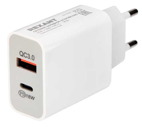 Зарядное устройство 18-2216 ∙ Сетевое зарядное устройство Rexant USB-A+USB-C адаптер, 18W белое