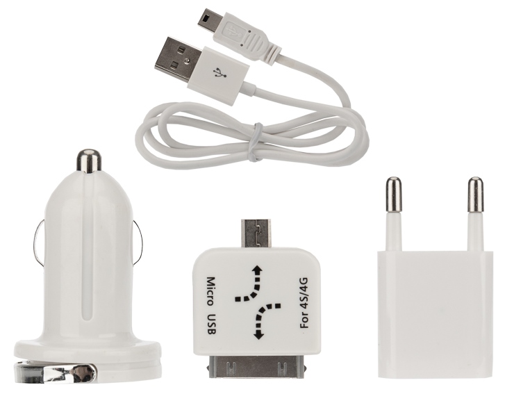 Комплект 18-1197 ∙ Комплект СЗУ, АЗУ, кабель miniUSB-USB, переходник microUSB 30 pin белый Rexant ∙ кратно 10 шт